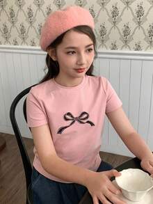 Dazy Kids 少女圆领针织短袖T恤，秋夏季 - 粉色 - 查看 3