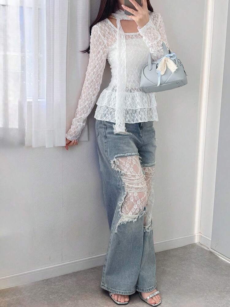 Women's Round Neck Long Sleeve Casual Elegant Lace Fabric Blouse