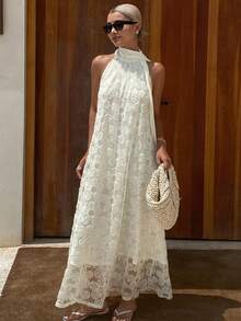 Livesso 女士无袖宽领提花亮片A字连衣裙，优雅夏季度假长裙，返校季服装，波西米亚风长款连衣裙，适合度假穿着 - 白色 - 查看 3