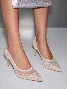 CUCCOO SZL Ladies Elegant Fashion Rhinestone Embellished Pointed Stiletto Shoes - Apricot - View 3