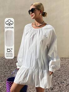 DAZY Women's Oversized Round Neck Long Casual Pullover Shirt - White - View 2