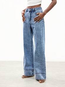 Maija 女士休闲百搭日常穿着阔腿牛仔裤 - 深色水洗藍 - 查看 6