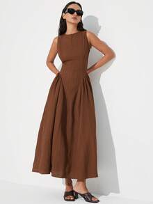 Aveloria Modichic 巧克力棕色，压纹轻薄面料，复古优雅，适合职场、休闲聚会等场合。圆领设计，高腰收腰，飘逸裙摆，中长款连衣裙，A字廓形，丝滑面料，轻盈舒适，简约风格，日常穿着，秋冬新品，时尚单品，修身显瘦，都市风，优雅黑色调，适合办公室、商务会议、下午茶、日常出行等场合，法式复古风，优雅圆领无袖收腰加大码纹理面料女士长裙 - 咖啡棕 - 查看 4