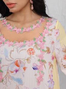 Yasmyna Áo Abaya phối ren và lưới hai lớp in hoa. - Màu be - Xem 2