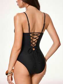 Shapewave Women's Summer Vacation Casual Beach Wear Solid Black Adjustable Strap One-Piece Swimsuit, Bikini Shapewear With Tie Waist - Black - View 2