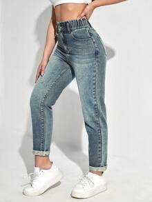 SHEIN EZwear 女士高腰口袋修身休闲百搭牛仔裤 - 藍色 - 查看 5