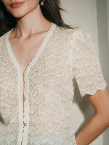 Anewsta Women's Sparkly Pearl V-Neck Flared Jacquard Knit Short Sleeve Cardigan - Apricot - View 2