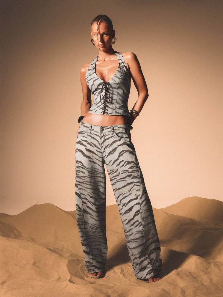 KIZN Wide Leg Tiger Print Denim Jeans