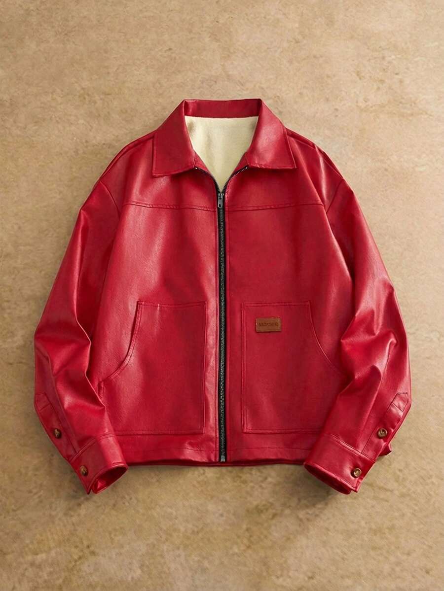 Manfinity VCAY Áo khoác cổ dệt da PU thường ngày cho nam, thích hợp mặc hàng ngày - Đỏ - Xem 1