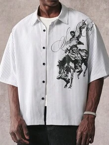 STYNVO Men's Knight Pattern Striped Short Sleeve Single-Breasted Casual Shirt - White - View 5