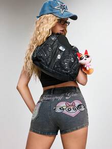THE POWERPUFF GIRLS X SHEIN Quần short denim nữ - X - Màu xanh lam - Xem 1