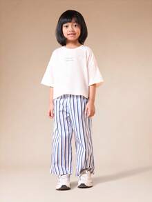 SUMWON Kaos Lengan Pendek Anak Perempuan Ukuran Besar Motif Tropis dengan Gambar Pohon Palem dan Kerang, Atasan Pantai Musim Panas - Aprikot - View 3