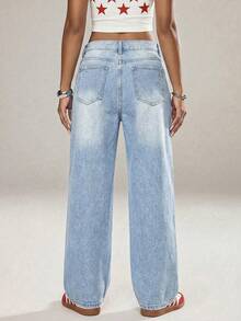 SHEIN ICON Women's Casual Washed Low-Waist Straight Leg Jeans - Light Wash - View 2