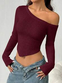 1pc Women's Sexy Off-Shoulder Solid Color Asymmetric Hem Long Sleeve Sweater - Burgundy - View 1
