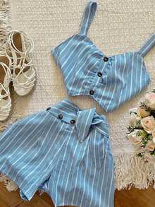 GlowEve Ensemble 2 pièces pour femmes avec camisole à rayures et boutons, bretelles larges et short à taille nouée, tenue décontractée de vacances printemps/été, pour femmes de petite taille - Multicolore - Voir 3