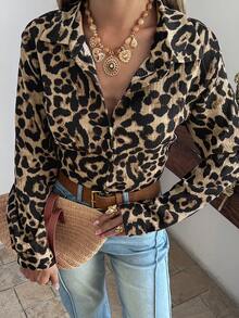 DAZY Coffee Brown Leopard Print Long Sleeve Shirt For Women, Summer - Coffee Brown - View 6