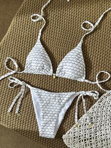 Swim Vcay Conjunto de bikini de mujer con cuello de halter, decoración de metal y tela de jacquard, para verano - Blanco y Negro - Ver 2