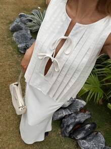 DAZY 女士圆领无袖褶皱蝴蝶结背心和长鱼尾裙优雅两件套夏季装 - 白色 - 查看 2