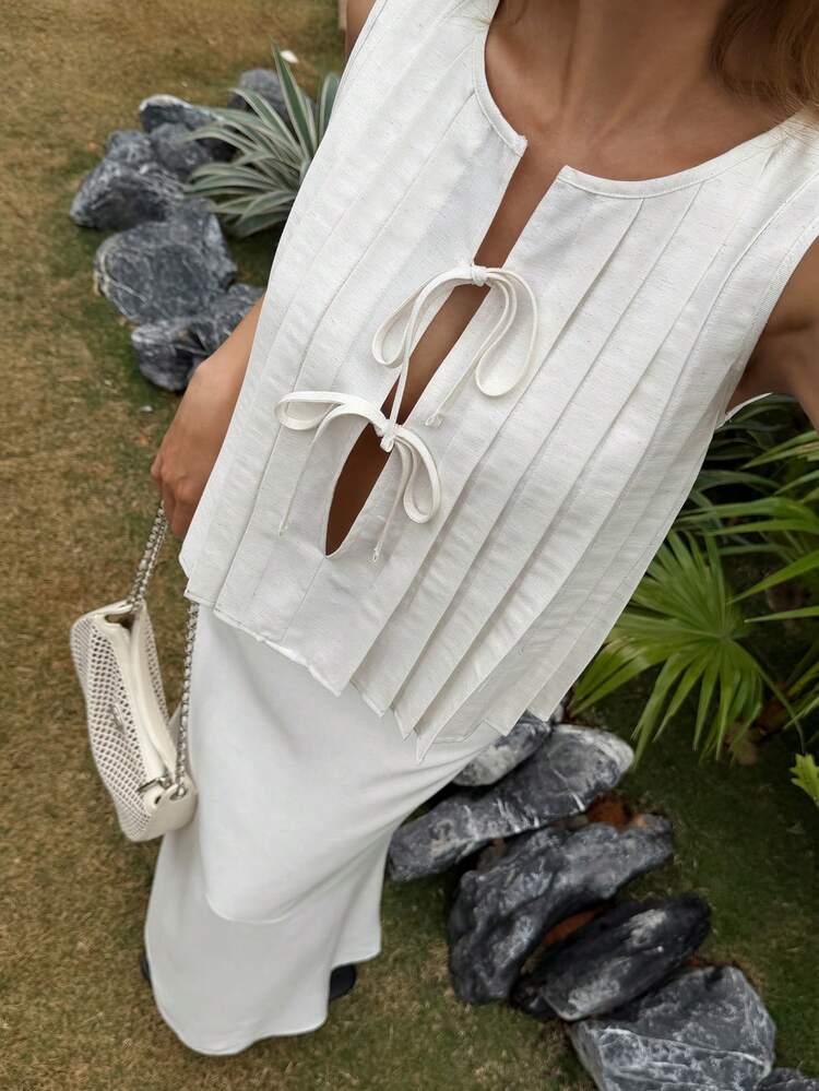 Women's Round Neck Sleeveless Pleated Bow Tie Vest And Long Fish Tail Skirt Elegant 2-Piece Set Summer