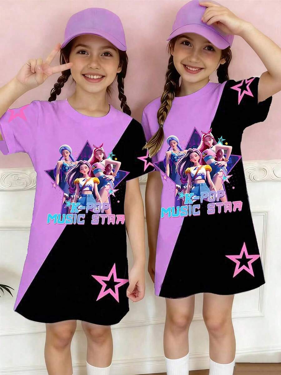 1 pieza Vestido camiseta de manga corta con estampado de personaje de grupo virtual de chicas de K-POP, estilo minimalista fresco y creativo, con corazón morado, estrellas multicolor y eslogan, cómodo y adecuado para primavera, verano, otoño e invierno, conjunto lindo para niña preadolescente, ropa de estilo Y2K - Morado - Ver 1