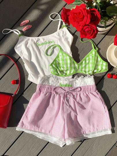 Comfortcana Women's Summer Casual Plaid Patchwork Camisole & Striped Lace Trim Shorts 2 Pieces Set