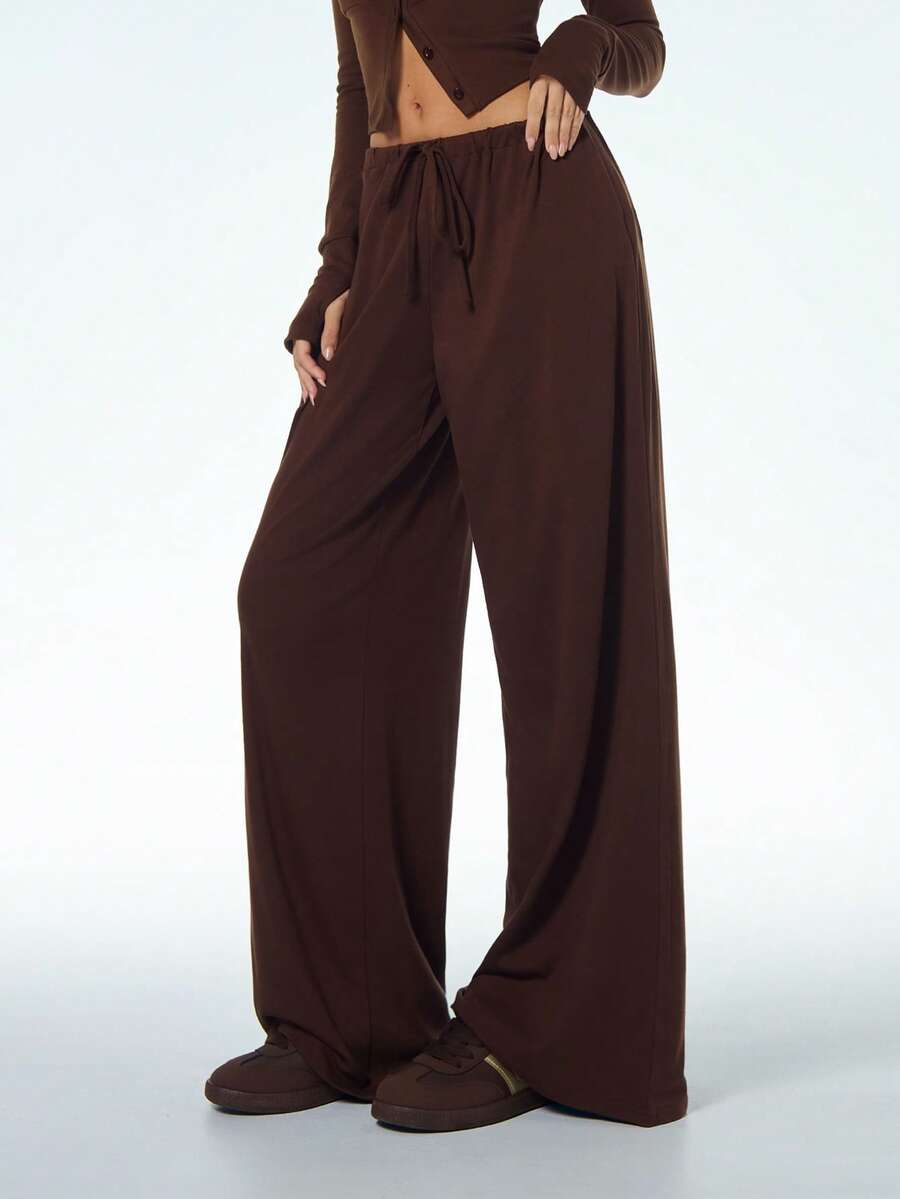 SHEIN ICON Women's Brown Going Out Solid Color Drawstring Waist Casual Versatile Wide Leg Pants For Daily Wear,Summer - Brown - View 1