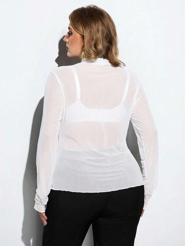 SHEIN Maija Plus Size Women Mandarin Collar Mesh Casual Versatile Date Night Long Sleeve T-Shirt St Patrick's Day Women Easter Summer Easter Women Party Top Beach Summer Holiday Each Vacation For Women Summer For Women Going Out Graduation Graduation Casual Casual Blouses For Women White Turtle Neck Top Women Women's Long Sleeves Tops Blouse For Women Casual Elegant Women Plus Size Tops Women's Sheer Long Sleeve Top
