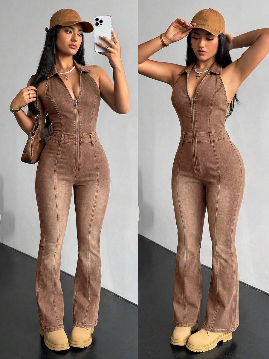 SHEIN ICON Jumpsuit dan Romper Denim Bodycon Leher Halter dengan Resleting untuk Wanita Edisi Centennial - Coffee Brown - View 1