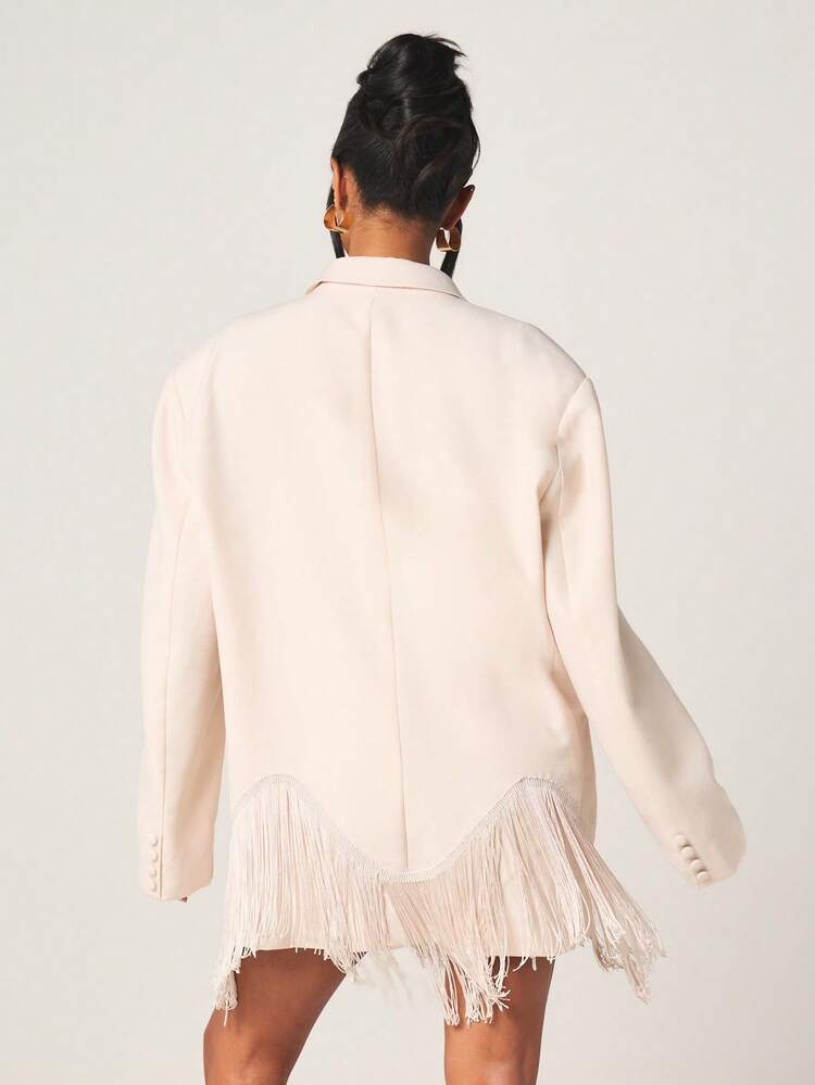MISSGUIDED Women's Lapel Button Front Fringe Hem Oversized Blazer Jacket With Long Sleeves