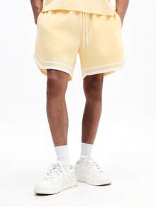 SUMWON Men's Regular Fit Pull On Curved Hem Basketball Style Shorts With White Contrast Trim - Yellow - View 4