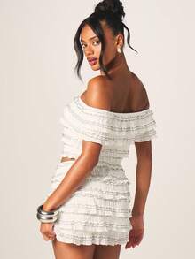 MISSGUIDED 女士露肩荷叶边两件套组合装，包括短款上衣和热裤，适合夏季海滩节日派对穿着 - 米色 - 查看 3