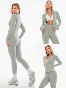 GLOWMODE FeatherFit™ Slim-It Streamline Performance Secure Pockets Zip Up Long Sleeve Jacket Low Impact Yoga Daily Spring Summer - Grey - View 8