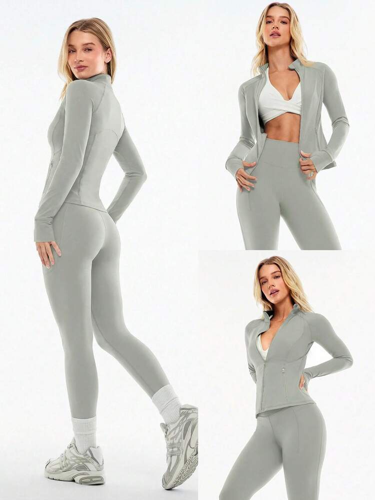 FeatherFit™ Slim-It Streamline Performance Secure Pockets Zip Up Long Sleeve Jacket Low Impact Yoga Pilates Daily Spring Summer