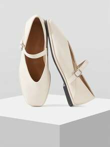 Mnmlis Women's Classic Minimalist Commuter Style Ivory Square Toe Mary Jane Ballet Shoes - White - View 5