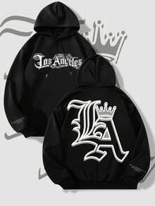 Manfinity LEGND Men's Street Style LA Letter Print Black Hoodie - Black - View 2