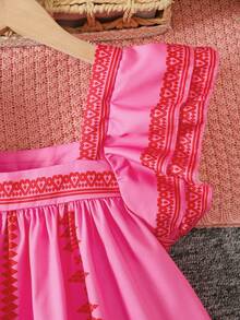 Travachic KIDS 少女粉色夏季波西米亞方領荷葉邊刺繡洋裝，度假假日茶會復古風梭織碎花休閒襯衫 - 粉色 - 查看 4
