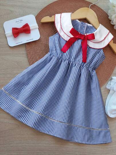 SHEIN 夏季女童可爱蝴蝶结装饰双彼得潘领无袖松紧腰圆领连衣裙