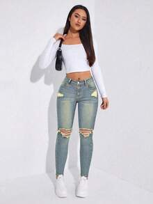 Casual Washed Low-Waist Distressed Skinny Jeans - Blue - View 4