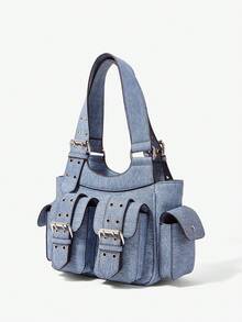 Viva Strut Ladies, Women Shoulder Bag, Hobo Bag ,Faux Leather, College ,School, Holiday ,Street Style ,Sports, Overnight, Dating ,Y2K, Punk, Motorcycle Style, Sweet, Cool, Street ,Sporty , Retro, Vintage, Belt  Multipocket - denim blue - View 3