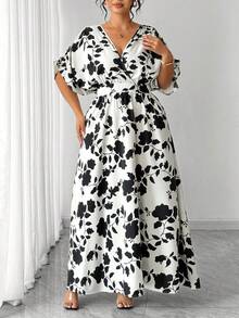 Elenzga Vestido elegante de talla grande para mujer con cuello en V, mangas cortas y cintura ceñida en línea A, adecuado para el trabajo, primavera/verano - Blanco y Negro - Ver 7