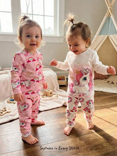 Cozy Pixies 4pcs Baby Girl Snug Fit Pajama Set - Heart Pattern Knit Soft Crew Neck Long Sleeve Top & Elastic Waist Long Pants