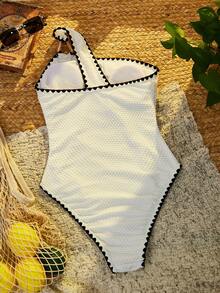 Swim Basics Women's Summer Beach Vacation Sleeveless Ruffled Trim Solid Color One-Piece Swimsuit - White - View 7