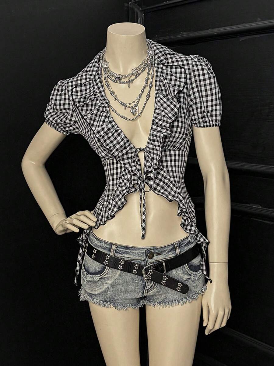 EgrlEra Y2K休闲朋克风荷叶边系带格子衬衫（女款） - 黑與白 - 查看 1