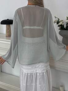 Áo kiểu nữ thanh lịch tay dài, vai rớt, thắt nơ phía trước, trang trí thêu ren. - Màu xanh lam - Xem 2