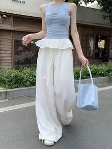 DAZY Quần nữ dáng suông rộng, có bèo nhún, dây rút, cạp chun, kiểu dáng thường ngày. - trắng - Xem 4