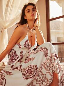 Women's Floral Pattern Asymmetric Hem Halter Nightgown - Blue - View 8