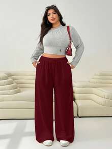 Solflare 大码女式酒红色宽松休闲裤，秋冬款 - 酒紅色 - 查看 4