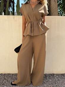 DAZY Women's Solid Color Short Sleeve Single-Breasted Shirt And Wide-Leg Pants Casual 2 Pieces Set Lounge Sets For Women - Khaki - View 4