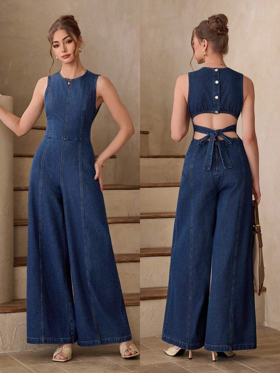 Selenza Bộ jumpsuit denim nữ kiểu dáng thường ngày, hở lưng, buộc dây, thích hợp cho kỳ nghỉ và mặc hàng ngày. - Màu xanh lam - Xem 1