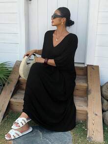 Dazy Plus V-Neck Solid Color Batwing Sleeve Long Plus Size Women Nightgown, Spring/Summer - Black - View 1